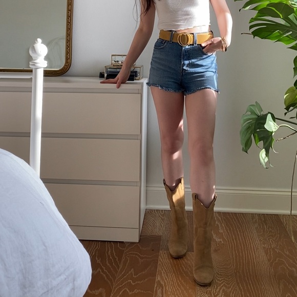 Tan Suede Cowgirl High Heels Boots Size 7 - Picture 3 of 14